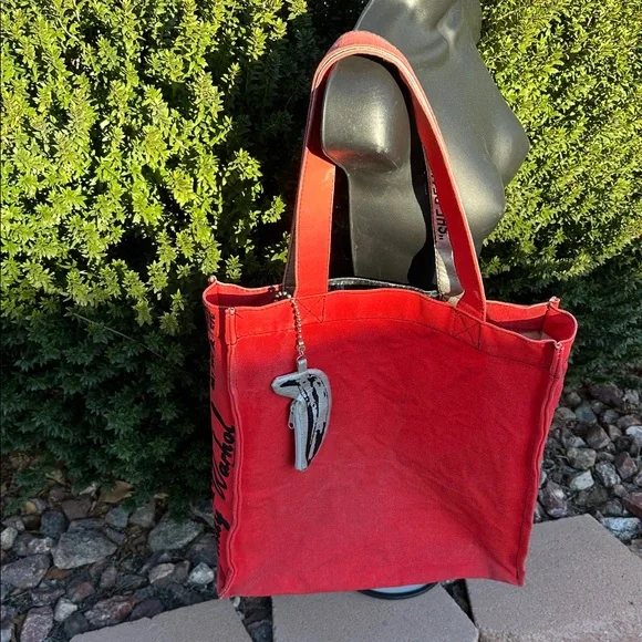 Loop NYC & ANDY WARHOL-Red Jackie O. Distressed Tote Canvas Bag-REPOSHING-used - Picture 3 of 17